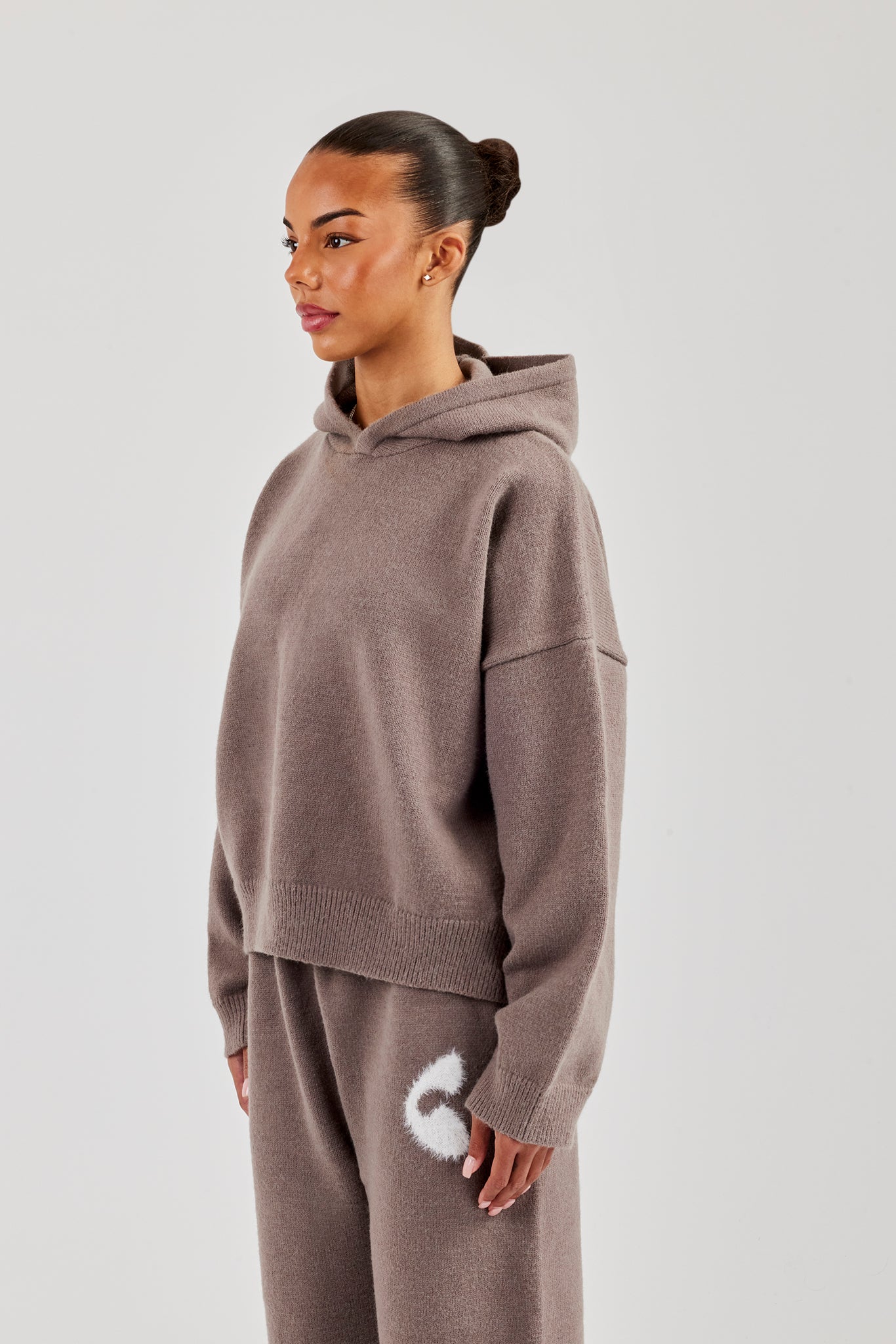 Fluffy Intarsia Boxy Hoodie - Taupe